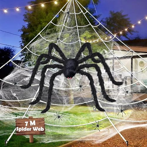 Halloween Deko 700 cm Riesenspinnennetz + 150 cm Spinne + Weiße Spinnweben + 20 Mini Spinnen Halloween Garten Deko Outdoor Deko Riesenspinne