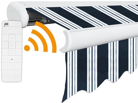 Arilco Elektrische Vollkassettenmarkise Kassettenmarkise Gelenkarmmarkise Markise Sonnenmarkise Sonnenschutz in vielen Farben und Größen wählbar in der Kassettenfarbe Weiß (5x3m Bluejeans)