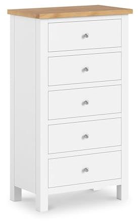 RoselandFurniture Farro XL White 5 Drawer Tallboy Chest of Drawers | Fully Assembled, Wooden Tall Storage Unit with Oak Top, Painted Finish, Free Standing, Contemporary Style, H122cm W70cm D40cm