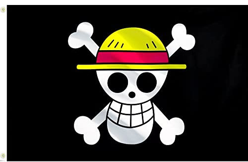 Yangyirun Luffy Piraten-Flaggen aus Strohhut, 90 x 150 cm, lebendige Farben und UV-beständig, Polyester und zwei Ösen, einseitiger Druck ist nicht doppelseitig für Party-Innen- und Außendekorationen.