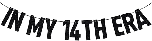 Schwarzes Glitzer-Banner mit Aufschrift In My 14th Era, Happy 14th Birthday/Cheers to 14 Years/Level 14 Unlocked, lustige Party-Dekoration zum 14. Geburtstag