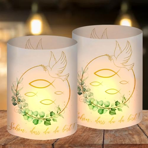 12 Stück Windlicht Tischdeko Taufe, Teelicht Deko Kommunion Fisch Konfirmation Taufe Firmung, Erstkommunion Deko, Windlichter für Taufe Konfirmation Deko Junge Mädchen Kommunion Gastgeschenk