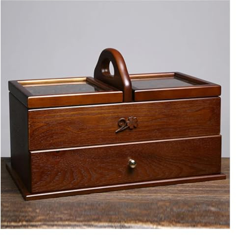 Nähkästchen, Nähkasten aus Holz, große Nähkörbe aus Holz, klassischer, erweiterbarer Nähkästchen-Aufbewahrungskorb, einfacher Tragegriff, Nähset-Box-Korb mit Fach