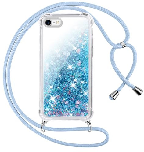 Vauki handyband für iPhone 7 Hülle mit Band,Silikon Durchsichtig Transparent Flüssig Glitzer mit Kette Kordel Bumper Treibsand Necklace TPU Schutzhülle Case,Blau