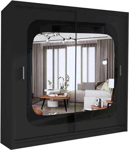 FURNITUREWAVE Minosa Sliding Mirror Doors Wardrobe For Modern Bedroom Furniture Cupboard with Space Saving Shelves and Hanging Rails (Black/Black, 150cm)