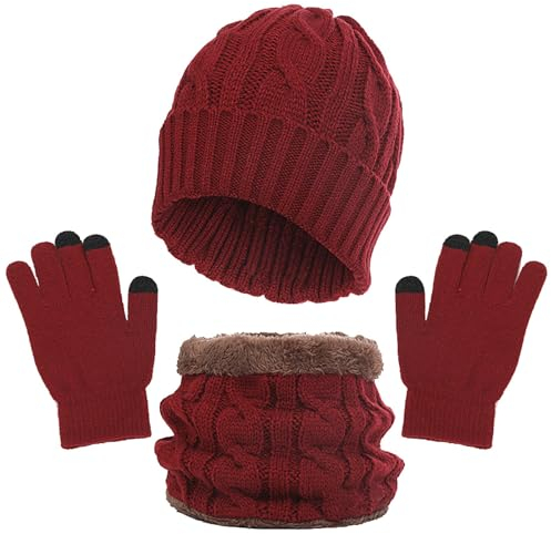 Warmer Schal, Mütze, Handschuhe, 2024, warme Kleidung, für Damen und Herren, für Herbst und Winter, warm, niedlich, Wolle, Mütze, Schal, Handschuhe, Mützen-Set für Damen, rot, One size