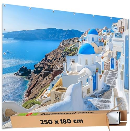 TRIOSK Große Motivplane Sichtschutz Zaunblende mit Motiv Küstenweg Santorini Griechenland Motivbanner Garten Deko Plane Blickdicht für Zaun Terrasse Gartenzaun Zaunplane PVC 250x180 cm