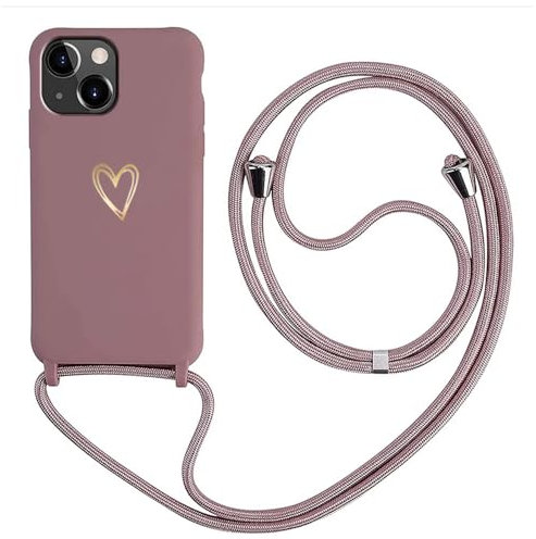 Coque avec Cordon compatible avec iPhone 13, MoEvn Coque de Cellulaire Corde Liquide Silicone Étui en Motif Coeur d'amour avec Réglable Collier Téléphone Lanyard Housse compatible iPhone 13 6.1, Pink