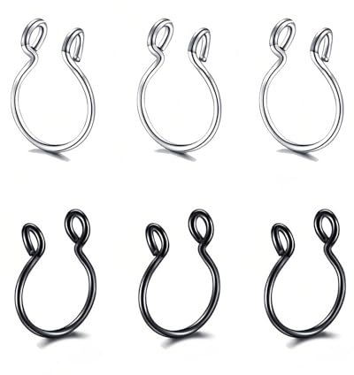 UYRVAPE 6pcs Fake Nasenringe Nasenpiercing Nasenring Edelstahl Nasenring Öffnung Nasenclip Nasenpiercing Nasenbesatz für Männer und Frauen, Schwarz/Argent