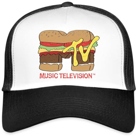 Spreadshirt MTV Music Television Burger-Logo Trucker Cap, One Size, Weiß/Schwarz