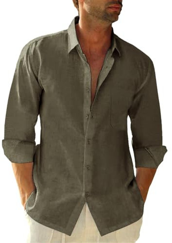 Friptspyg Uomo Camicia Lino Cotone a Maniche Lunghe con Tasca Casual Camicia da Spiaggia vestibilità Regolare Camicie Estive, Verde Oliva L