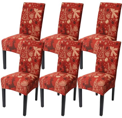 Betylifoy Weihnachten Stuhlhussen, Stretch Weihnachten Esszimmerstuhl 6er Set Stuhlbezug mit Baum Elch Weihnachtsstuhl Schutzhüllen Für Esszimmer Hotel Hochzeit Urlaub Party Dekor (Rot-Elch)