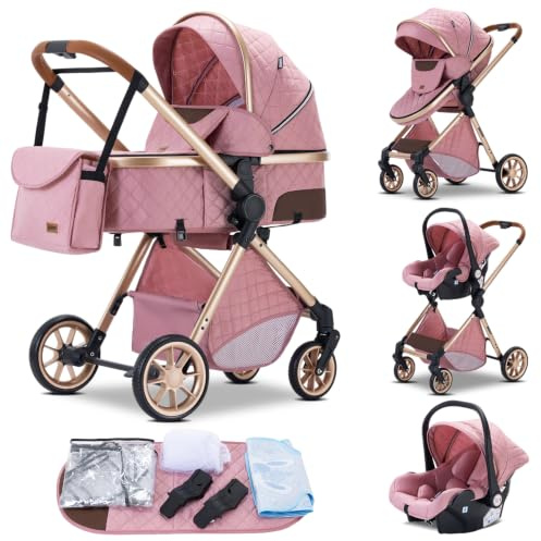 GLOKID 3 in 1 Kinderwagen Komplettset | Bis 22 kg, Höhenverstellbarer, Verstellbare Liegeposition, Kompakt Zusammenklappbar | Inkl. Babyschale, Wickeltasche, Moskitonetz und Adapter (LV9 Pink)