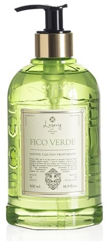 Logevy Flüssigseife mit grünem Feigenduft, mit pflegenden Eigenschaften, geschmeidig und feuchtigkeitsspendend, in eleganter Flasche mit Siebdruck, Format 500 ml