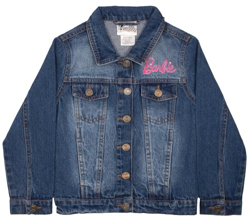 Barbie Giacca di jeans da ragazza con bottoni - Giacca di jeans alla moda con stampa per bambini, Blu scuro, 7-8