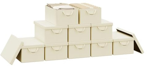 WOLTU Foldable Storage Boxes Set of 10, Fabric Storage Cubes with Metal Frame, Storage Baskets with Lid and Handles, Clothes Organisers for Wardrobe, Study, Children's Room, Bedroom, Cream, 48x29x20cm