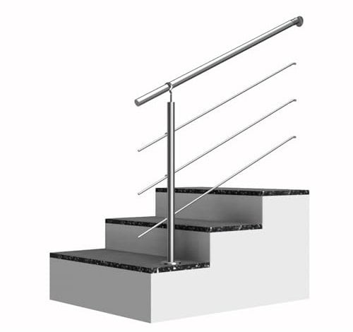Edelstahl Treppengeländer Eingang Haustür mit 1 Pfosten und Wandanschluss, Indivuduell 500mm - 1200mm, Montage, Querstreben, Träger. Handlauf nach Ihren Wünschen