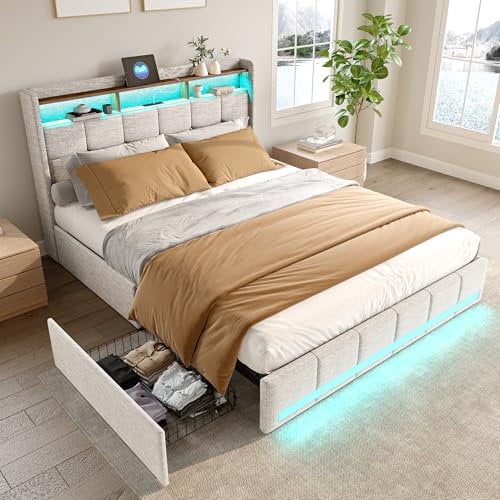 ADFUNIT Polsterbett 140x200 cm mit LED und USB, Doppelbett mit 4 Schubladen, Stauraumbett Jugendbett Rückenlehne Bettgestell mit Kopfteil und Lattenrost, Ohne Matratze, Leinen Beige