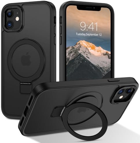 DOMAVER Case for iPhone 12, iPhone 12 Pro Case [Compatible with mag-safe] Stand Holder Shockproof Matte Cover Anti-Yellowing Cover Hard Slim Frosted Matte Phone Cases for iPhone 12/12 Pro 6.1, Black