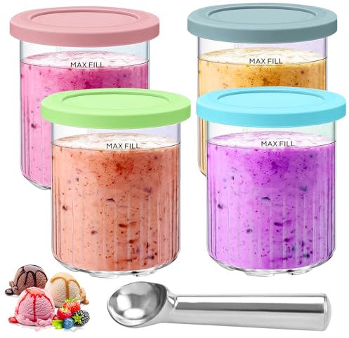 4 Artikel 16oz Kompatibel mit Ninja Creami Deluxe Behälter Eisbehälter für Speiseeis Kompatibel mit Ninja Creami Eismaschine Waschbar Eismaschinen Zubehör mit Deckel Eislöffel Aus Aluminiumlegierung
