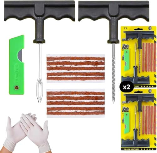 NOOGUI - Reifenreparaturset - Reifendichtmittel Auto - Repariert Reifen in 15 Minuten - 20 Dichtstreifen, 4 T-Werkzeuge, 4 Handschuhe 2 Cutter Inklusive - Autoreifen Reparaturset Komplette - 2 Stück