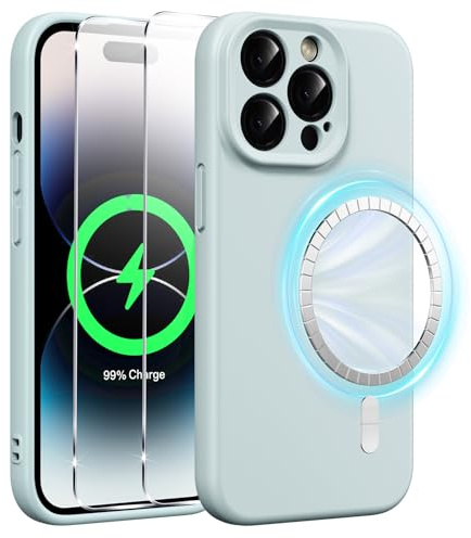 Xiltlly Magnetisch Silikon Hülle für iPhone 14 Pro 6,1 Zoll mit 2 Stück Schutzfolie, Kompatibel mit MagSafe, Stoßfeste Kratzfeste Handyhülle für iPhone 14 Pro, Blau