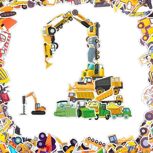 Ychsring Construction Truck Stickers - 100 Pcs Waterproof Vinyl Cartoon Vehicle Stickers for Water Bottle, Laptop, Phone Case - Tractor Transportation for Kids & Teens