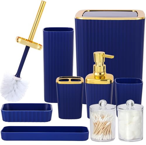 Bathroom Accessory Set,9 Pieces Navy Blue Bathroom Accessories Set with Trash Can, Toothbrush Holder, Soap Dispenser, Toothbrush Cup, Vanity Tray, Soap Dish, Toilet Brush, Qtip Holder