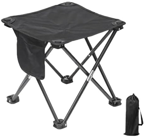 BTIUGYI Camping Hocker mit Seitentaschen 28CM, Tragbarer Klapphocker mit Aufbewahrungsbeutel, Fußhocker Outdoor, Leicht Sitz Falthocker für Wandern, Garten, Angeln, Grillen, Strand (Schwarz)