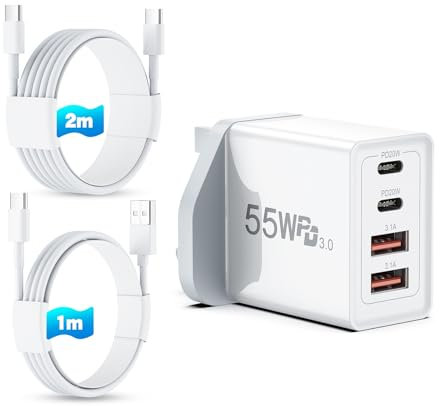 USB C Plug Fast Charge,4-in-1 55W Multi USB Charger Plug with Dual PD20W USBC +Dual QC Charge Port for iPhone 16 15 14 13 12 Pro Max Plus,iPad,Samsung,Multi Mains Wall Charger included 2*Charging Cord