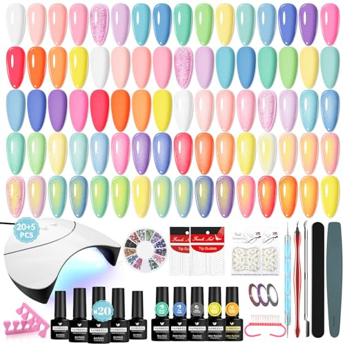 VANREESA Gelnägel Starterset, 20 Farben U V Nagellack Set mit 5 Stk Base Top Coat Matte Glitzer und Goldglitzer, Gel Nägel Set mit 36W U V Lampe Geschenke für Damen