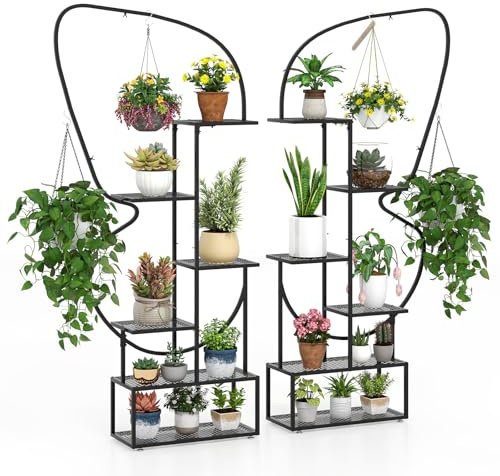 COSTWAY 6-stufiger Metall Pflanzenständer, schmetterlingsförmig, Blumenregal mit 4 Haken, Pflanzenregal Leiterregal, Pflanzenleiter Blumenständer, für Garten Balkon Wohnzimmer, 185 cm (Schwarz)