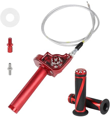 EXLECO CNC-Alu Kurzhubgasgriff 22mm mit 1,2M Motorrad Gaszug & Griff, Rot | Eloxiert Schnellgasgriff Motorrad 50ccm‑200ccm, Lenkergriffe Quick Turn Twist Gaszug, Kurzhub Gas Griff für Dirt Bike Roller