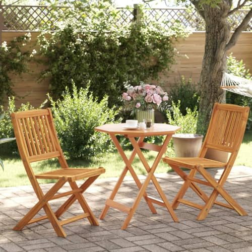 RCODSSK Klappbare Garten-Essgruppe aus Massivholz Akazie als 3-TLG. Gartenmöbel-Set für Außenbereich mit Esstisch und Stühle klappbar und Sonnenschirm-Loch