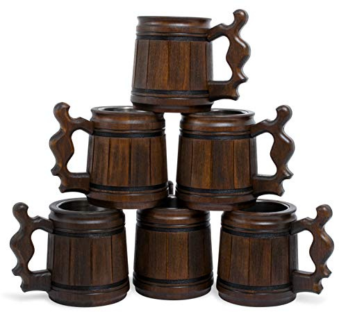 MyFancyCraft Boccale da birra in legno, 284 ml, tazza da caffè, boccale da birra in legno, realizzato a mano, regali per uomini, festa del papà, Natale o compleanno, classico, marrone, confezione da 6