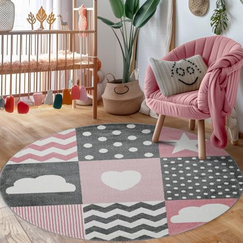 Carpettex Kinderteppich Herz-Stren Karo Design Pink 120 cm Rund - Kurzflor Teppich Kinderzimmer für Mädchen und Jungen Pflegeleicht - Waschbarer Spielteppich Babyteppich Gaming Teppich Babyzimmer