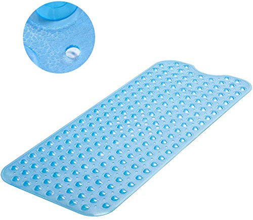 MASS DYNAMIC Non Slip Bath Mat | Extra Long Bath Mat | Machine Washable Shower Mats with Anti Slip Suction Cups | Easy Clean Bathtub Mat with 176 Drain Holes (Transparent Blue)