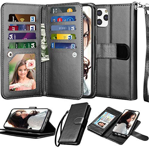 Njjex Wallet Case for iPhone 11, 6.1 Case - PU Leather ID Credit Holder Folio Flip with Detachable Kickstand & Lanyard - Black