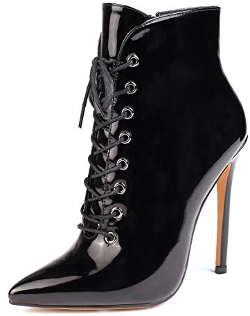 Sioreelady Damen Schnürstiefeletten mit Spitzem Zeh, Kurze Stiefeletten mit Animal Print, Seitlicher Reißverschluss Winter Bootie, 12cm Stilettos Heel Boots Lack Schwarz EU43