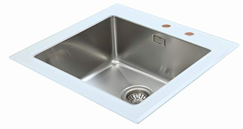 Respekta New York Fregadero de cristal en blanco/Fregadero empotrado de 1 cubeta de 55 x 53 cm/Apto para bases a partir de 50 cm de ancho