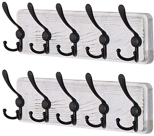 Dseap Garderobe, Garderobenhaken - Robust Vintage Garderobenleiste Holz mit 5 Dreifachhaken, Kleiderhaken Wand, Hakenleiste, für Jacken Mäntel Handtaschen, Retro Weiß, 2 Stück