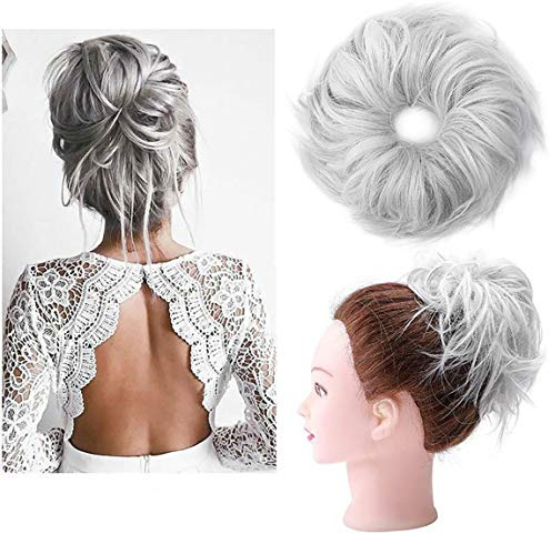 XXL Haarteil Extensions Dutt Haargummi mit Haaren Glatt Haarknoten Hochsteckfrisuren Haarverlängerung für Frauen 45g Silbergrau