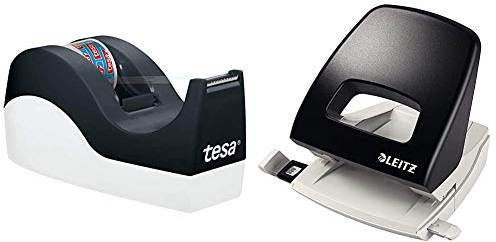 tesa Easy Cut Orca Tischabroller (rutschfest, sauberer Schnitt mit 1 Rolle tesafilm kristall-klar 10m:19mm) & Leitz NeXXt Bürolocher, 25 Blatt, Anschlagschiene mit Formatangaben, Metall, Schwarz