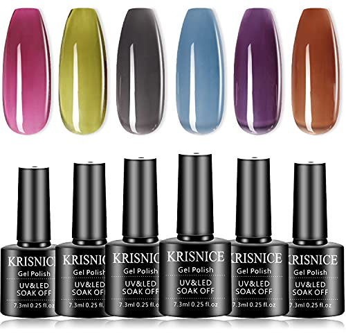 KRISNICE Jelly Crystal Gel Nail Polish Set Wine Burgundy Red Brown Black Yellow Orange Translucent Fall Autumn Designs Manicure DIY Home UV LED Soak Off Art Gift (KBT6-001)