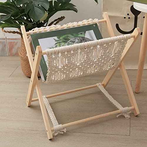 Makramee Zeitungsständer, Holz Zeitungshalter Faltbar Bücherregal Gewebt Baumwollseil Aufbewahrungsregal Organizer Nordischer Bohemian Stil Magazinhalter für Büro Bücher Zeitung-34cmx39cmx33cm