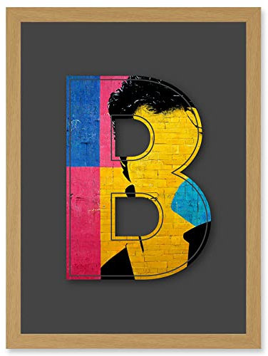 Wee Blue Coo Letter B Bright Abstract Face Yellow Decorative Graffiti Mural Alphabet Initial Stencil Artwork Framed Wall Art Print A4