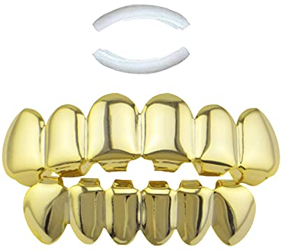 Gold Zähne Hip Hop,1 Set Goldene Hip Hop Zähne,Zähne Grills Goldzähne,Hip-hop Zähne,Zahnspangen Top Und Bottom Grill Cap,für Männer Und Frauen Tanz,Party,Halloween,Bühne,Rollenspiele(Golden)
