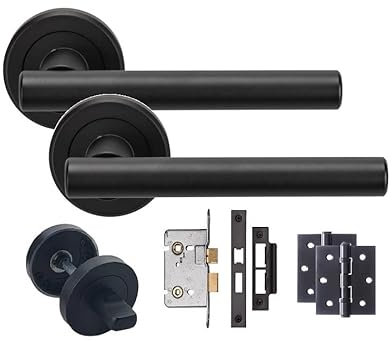 Golden Grace Straight T-Bar Bathroom Door Handles on Round Rose in Matte Black Finish, Complete with 1 Pair of Ball Bearing Hinges, Mortise Lock & Matching Thumbturn - 1 Set