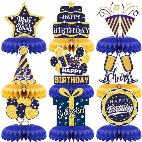 TENCOW 9 PCS Geburtstag Centerpiece Table Decoration, Marineblaue und goldene Wabendekorationen für Kids, Baby Shower, Männer und Frauen Geburtstage, Premium-Papiermaterial, einfach zu montieren