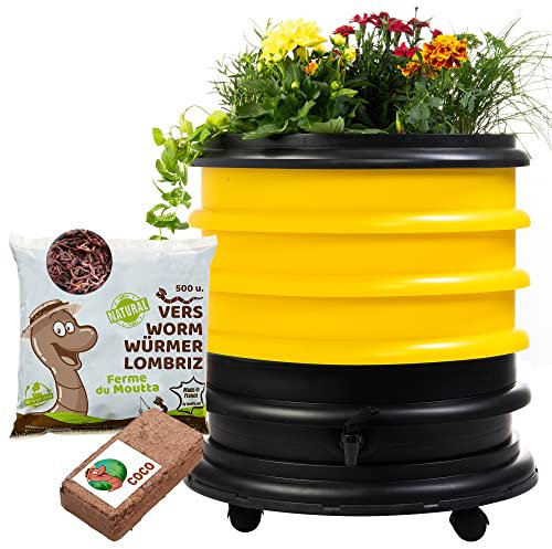 WORMbox | Lombricomposteur 3 Plateaux Jaune + Jardinière + 250gr de vers de Compost + 1 Bloc Coco | 48 litres | Compostez Vos déchets organiques, Les vers de Terre/lombrics/lombricompost